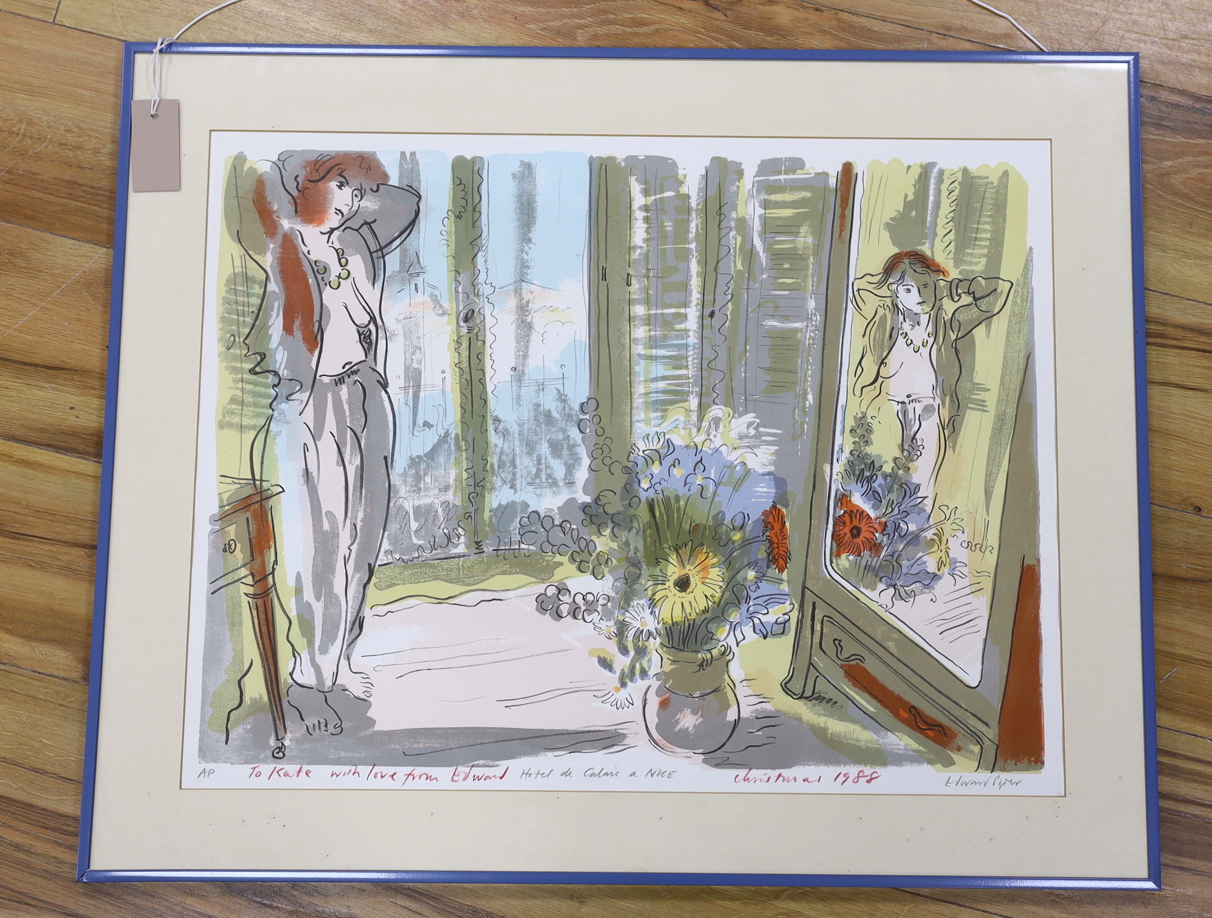 Edward Piper (1938-1990), colour lithograph, 'Hotel de Calais à Nice', signed in pencil, artist proof with inscription 'To Kate with love from Edward, Christmas 1988', 49 x 63cm